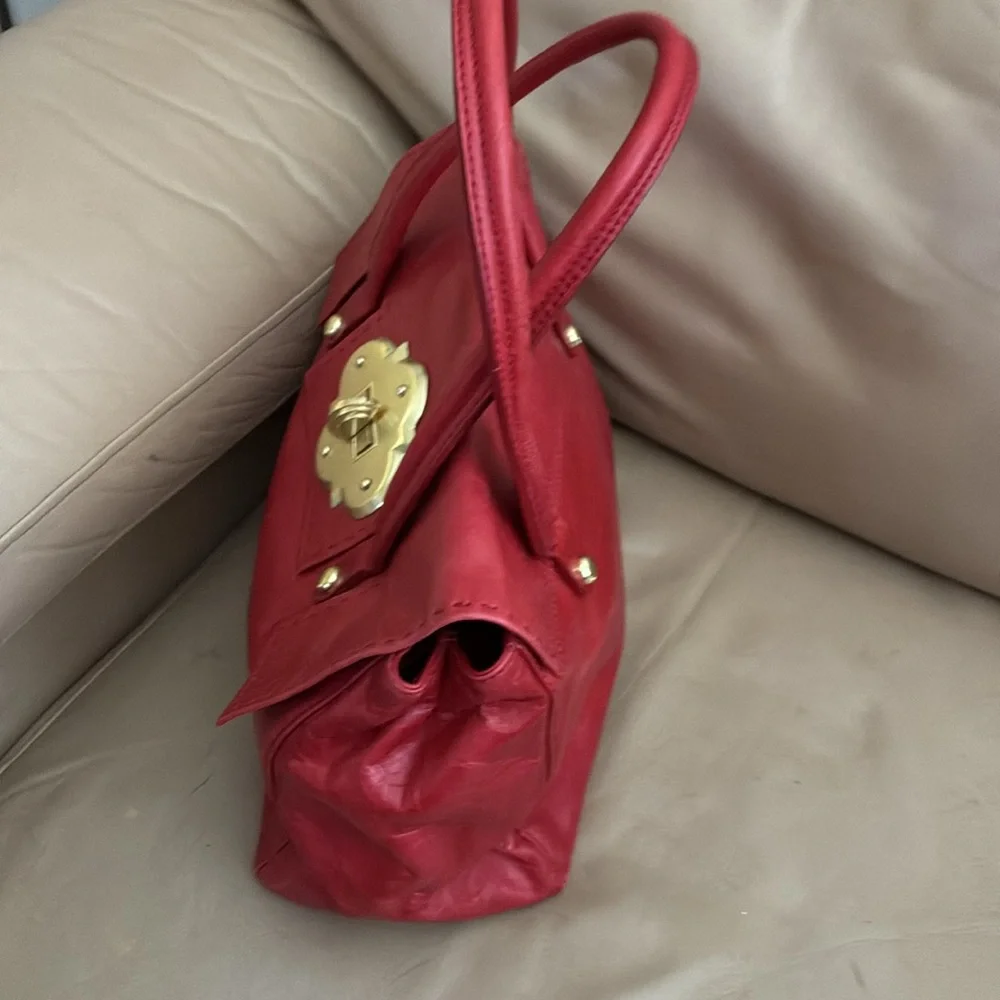 Red Leather Top-Handle Satchel with Gold Turn-Lock
